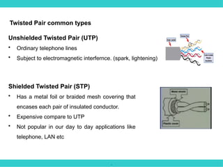 .
Twisted Pair common types
Unshielded Twisted Pair (UTP)
• Ordinary telephone lines
• Subject to electromagnetic interfernce. (spark, lightening)
Shielded Twisted Pair (STP)
• Has a metal foil or braided mesh covering that
encases each pair of insulated conductor.
• Expensive compare to UTP
• Not popular in our day to day applications like
telephone, LAN etc
 