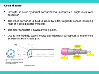 .
Coaxial cable
• Consists of outer cylindrical conductor that surrounds a single inner wire
conductor
• The inner conductor is held in place by either regularly spaced insulating
rings or a solid dielectric materials.
• The outer conductor is covered with a jacket.
• Due to its shielding, coaxial cables are much less susceptible to interference
or crosstalk than twisted pair.
 