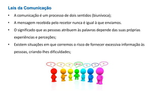 Sandra Pinto
Leis da Comunicação
• A comunicação é um processo de dois sentidos (biunívoca);
• A mensagem recebida pelo recetor nunca é igual à que enviamos.
• O significado que as pessoas atribuem às palavras depende das suas próprias
experiências e perceções;
• Existem situações em que corremos o risco de fornecer excessiva informação às
pessoas, criando-lhes dificuldades;
 