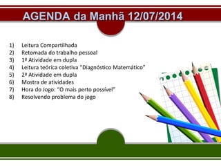 1) Leitura Compartilhada
2) Retomada do trabalho pessoal
3) 1ª Atividade em dupla
4) Leitura teórica coletiva “Diagnóstico Matemático”
5) 2ª Atividade em dupla
6) Mostra de atividades
7) Hora do Jogo: “O mais perto possível”
8) Resolvendo problema do jogo
 