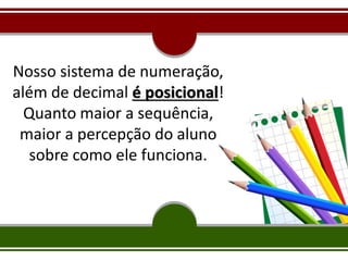 Nosso sistema de numeração,
além de decimal é posicional!
Quanto maior a sequência,
maior a percepção do aluno
sobre como ele funciona.
 