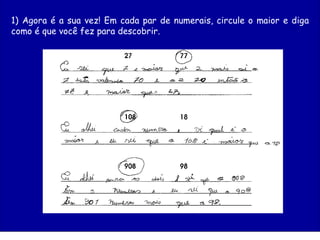 1) Agora é a sua vez! Em cada par de numerais, circule o maior e diga
como é que você fez para descobrir.
 