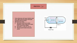 PROTON ( )
• Proton ditemukan oleh Eugen Goldstein pada
tahun 1886 melalui percobaan tabung gas
berkatode (tabung Crookes).
• Sifat-sifat sinar anode:
a) Bermuatan positif karena dapat
dibelokkan medan magnet dan medan
listrik menuju kutub negatif.
b) bermuatan = +1 atau 1,6 × 10–19 C.
c) Muatan positif tersebut dinamakan
proton
p
1
1
 