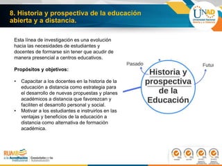 8. Historia y prospectiva de la educación
abierta y a distancia.
Esta línea de investigación es una evolución
hacia las necesidades de estudiantes y
docentes de formarse sin tener que acudir de
manera presencial a centros educativos.
Propósitos y objetivos:
• Capacitar a los docentes en la historia de la
educación a distancia como estrategia para
el desarrollo de nuevas propuestas y planes
académicos a distancia que favorezcan y
faciliten el desarrollo personal y social.
• Motivar a los estudiantes e instruirlos en las
ventajas y beneficios de la educación a
distancia como alternativa de formación
académica.
 