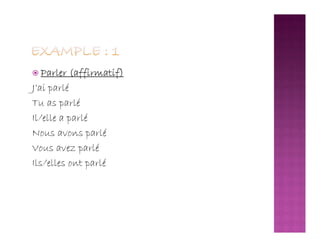  Parler (affirmatif)
J’ai parlé
Tu as parlé
Il/elle a parléIl/elle a parlé
Nous avons parlé
Vous avez parlé
Ils/elles ont parlé
 