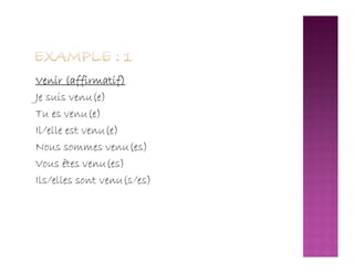 Venir (affirmatif)
Je suis venu(e)
Tu es venu(e)
Il/elle est venu(e)Il/elle est venu(e)
Nous sommes venu(es)
Vous êtes venu(es)
Ils/elles sont venu(s/es)
 