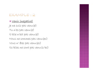  Venir (negative)
Je ne suis pas venu(e)
Tu n’es pas venu(e)
Il/elle n’est pas venu(e)Il/elle n’est pas venu(e)
Nous ne sommes pas venu(es)
Vous n’ êtes pas venu(es)
Ils/elles ne sont pas venu(s/es)
 