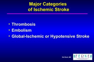 Major Categories  of Ischemic Stroke Thrombosis Embolism  Global-Ischemic or Hypotensive Stroke 