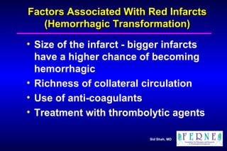 Factors Associated With Red Infarcts (Hemorrhagic Transformation) Size of the infarct - bigger infarcts have a higher chance of becoming hemorrhagic Richness of collateral circulation Use of anti-coagulants Treatment with thrombolytic agents 