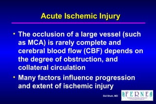 Acute Ischemic Injury The occlusion of a large vessel (such as MCA) is rarely complete and cerebral blood flow (CBF) depends on the degree of obstruction, and collateral circulation Many factors influence progression and extent of ischemic injury 