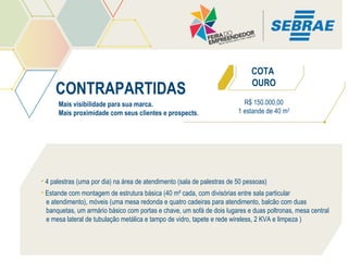 CONTRAPARTIDAS
Mais visibilidade para sua marca.
Mais proximidade com seus clientes e prospects.

COTA
OURO
R$ 150.000,00
1 estande de 40 m2

• 4 palestras (uma por dia) na área de atendimento (sala de palestras de 50 pessoas)
• Estande com montagem de estrutura básica (40 m² cada, com divisórias entre sala particular
e atendimento), móveis (uma mesa redonda e quatro cadeiras para atendimento, balcão com duas
banquetas, um armário básico com portas e chave, um sofá de dois lugares e duas poltronas, mesa central
e mesa lateral de tubulação metálica e tampo de vidro, tapete e rede wireless, 2 KVA e limpeza )

 