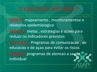 O QUE DEVE SER FEITO ?
• SABER ? mapeamento , monitoramentoe e
relatorios epidemiologico
• PREVER ? metas , estrategias e açoes para
reduzir os indicadores previstos
• PREVENIR ? Programas de comunicacao , de
educacao e de açao para evitar os riscos
• TRATAR ? programas de atencao a saude
individual
 