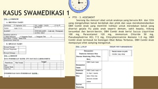 KASUS SWAMEDIKASI 1 PTO – 3. ASSESMENT
Seorang ibu mencari obat untuk anaknya yang berusia 8th dan 12th
yang mengeluhkan batuk berdahak dan pilek dan saya merekomendasikan
OBH Combi Anak yang memiliki indikasi untuk meredakan batuk yang
disertai gejala flu pada anak seperti demam, sakit kepala, hidung
tersumbat dan bersin-bersin. OBH Combi Anak berisi Succus Liquiritiae
100 mg, Paracetamol 120 mg, Ammonium Chloride 50 mg,
Pseudoephedrine HCL 7.5 mg, Chlorpheniramine Maleate 1.0 mg. OBH
Combi Anak termasuk ke Golongan Obat Bebas Terbatas. OBH Combi Anak
mempunyai efek samping mengantuk.
 
