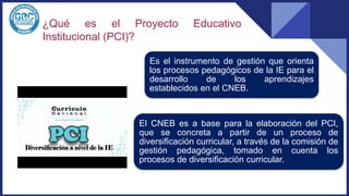 ¿Qué es el Proyecto Educativo
Institucional (PCI)?
Es el instrumento de gestión que orienta
los procesos pedagógicos de la IE para el
desarrollo de los aprendizajes
establecidos en el CNEB.
El CNEB es a base para la elaboración del PCI,
que se concreta a partir de un proceso de
diversificación curricular, a través de la comisión de
gestión pedagógica, tomado en cuenta los
procesos de diversificación curricular.