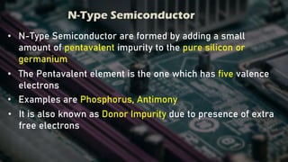 N-Type Semiconductor
• N-Type Semiconductor are formed by adding a small
amount of pentavalent impurity to the pure silicon or
germanium
• The Pentavalent element is the one which has five valence
electrons
• Examples are Phosphorus, Antimony
• It is also known as Donor Impurity due to presence of extra
free electrons
 