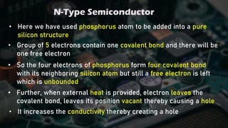 N-Type Semiconductor
• Here we have used phosphorus atom to be added into a pure
silicon structure
• Group of 5 electrons contain one covalent bond and there will be
one free electron
• So the four electrons of phosphorus form four covalent bond
with its neighboring silicon atom but still a free electron is left
which is unbounded
• Further, when external heat is provided, electron leaves the
covalent bond, leaves its position vacant thereby causing a hole
• It increases the conductivity thereby creating a hole
 