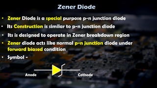 Zener Diode
• Zener Diode is a special purpose p-n junction diode
• Its Construction is similar to p-n junction diode
• Its is designed to operate in Zener breakdown region
• Zener diode acts like normal p-n junction diode under
forward biased condition
• Symbol -
Anode Cathode
 