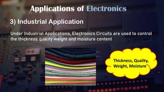 Applications of Electronics
3) Industrial Application
Under Industrial Applications, Electronics Circuits are used to control
the thickness quality weight and moisture content
Thickness, Quality,
Weight, Moisture
 