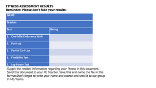 FITNESS ASSESSMENT RESULTS
Reminder: Please don’t fake your results:
NAME
Teacher:
Test Rating
1. One-Mile Endurance Walk
1. Push-up
1. Partial Curl-Ups
1. Flexibility Test
1. Leg Power Test
Supply the needed information regarding your fitness in this document.
Send this document to your PE Teacher. Save this and name the file in this
format:Don’t forget to write your name and course and send it to our group
in MS Teams.
 
