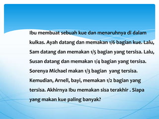 Ibu membuat sebuah kue dan menaruhnya di dalam
kulkas. Ayah datang dan memakan 1/6 bagian kue. Lalu,
Sam datang dan memakan 1/5 bagian yang tersisa. Lalu,
Susan datang dan memakan 1/4 bagian yang tersisa.
Sorenya Michael makan 1/3 bagian yang tersisa.
Kemudian, Arnell, bayi, memakan 1/2 bagian yang
tersisa. Akhirnya Ibu memakan sisa terakhir . Siapa
yang makan kue paling banyak?
 
