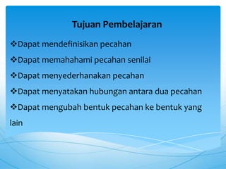 Dapat mendefinisikan pecahan
Dapat memahahami pecahan senilai
Dapat menyederhanakan pecahan
Dapat menyatakan hubungan antara dua pecahan
Dapat mengubah bentuk pecahan ke bentuk yang
lain
Tujuan Pembelajaran
 