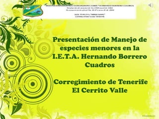 Presentación de Manejo de
  especies menores en la
I.E.T.A. Hernando Borrero
          Cuadros

Corregimiento de Tenerife
    El Cerrito Valle
 