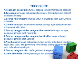 THEODILITE
1.Pegangan pesawat berfungsi sebagai tempat memegang pesawat
2.Teropong berfungsi sebagai alat pembidik (terdiri darilensa objektif
dan lensa okuler)
3.Sekrup mikrometer berfungsi untuk menyetel bacaan sudut, menit
dan detik.
4.Cermin berfungsi untuk memantulkan cahaya agar pembacaan dan
mikrometer lebih jelas
5.Sekrup penggerak dan pengunci horizontal berfungsi sebagai
pengunci gerakan arah horizontal
6.Sekrup penggerak dan pengunci vertical berfungsi sebagai
pengunci gerakan arah vertikal
7.Nivo kotak berfungsi sebagai penunjuk sumbu satu dalam keadaan
tegak atau tidak, bila gelembung nivo berada di tengah berarti sumbu
satu dalam keadaan tegak.
8.Sekrup pengatur nivo berfungsi untuk mengatur nivo.
9.Garis visir/bidik berfungsi sebagai alat pembidik kasar
 