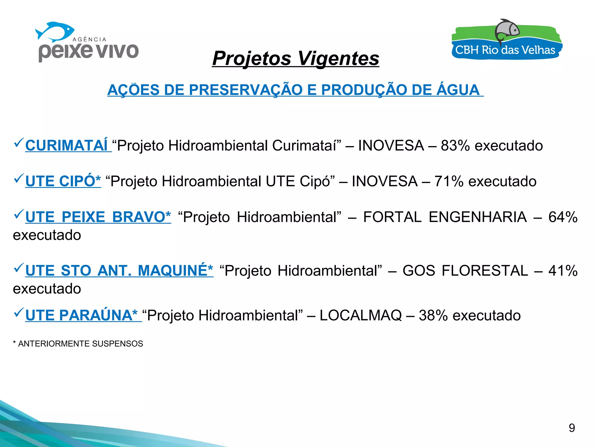 9
Projetos Vigentes
AÇÕES DE PRESERVAÇÃO E PRODUÇÃO DE ÁGUA
CURIMATAÍ “Projeto Hidroambiental Curimataí” – INOVESA – 83% executado
UTE CIPÓ* “Projeto Hidroambiental UTE Cipó” – INOVESA – 71% executado
UTE PEIXE BRAVO* “Projeto Hidroambiental” – FORTAL ENGENHARIA – 64%
executado
UTE STO ANT. MAQUINÉ* “Projeto Hidroambiental” – GOS FLORESTAL – 41%
executado
UTE PARAÚNA* “Projeto Hidroambiental” – LOCALMAQ – 38% executado
* ANTERIORMENTE SUSPENSOS
 