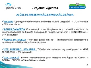 7
Projetos Vigentes
AÇÕES DE PRESERVAÇÃO E PRODUÇÃO DE ÁGUA
VIVEIRO “Operação e fornecimento de mudas Viveiro Langsdorff” – GOS Florestal
– 36% executado
ÁGUAS DA MOEDA “Comunicação e mobilização social e comunitária em torno da
importância hídrica da Estação Ecológica de Fechos, Nova Lima” – CONSOMINAS –
71% executado
ÁGUAS DA MOEDA “ Por aqui passa um rio” – monitoramento participativo e
mobilização – EMBAÚBA – 25% executado
UTE RIBEIRÃO JEQUITIBÁ “Difusão de sistemas agroecológicos” – GOS
FLORESTAL – 8% executado
UTE GUAICUÍ “Projeto Hidroambiental para Proteção das Águas do Cabral” –
FORTAL ENGENHARIA – 58% executado
 