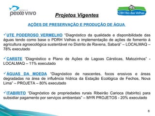 8
Projetos Vigentes
AÇÕES DE PRESERVAÇÃO E PRODUÇÃO DE ÁGUA
UTE PODEROSO VERMELHO “Diagnóstico da qualidade e disponibilidade das
águas tendo como base o PDRH Velhas e implementação de ações de fomento à
agricultura agroecológica sustentável no Distrito de Ravena, Sabará” – LOCALMAQ –
78% executado
CARSTE “Diagnóstico e Plano de Ações de Lagoas Cársticas, Matozinhos” -
LOCALMAQ – 11% executado
ÁGUAS DA MOEDA “Diagnóstico de nascentes, focos erosivos e áreas
degradadas na área de influência hídrica da Estação Ecológica de Fechos, Nova
Lima” – PROJETA – 80% executado
ITABIRITO “Diagnóstico de propriedades rurais Ribeirão Carioca (Itabirito) para
subsidiar pagamento por serviços ambientais” – MYR PROJETOS - 20% executado
 