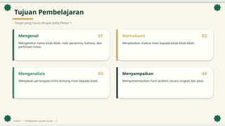 Tujuan Pembelajaran
Target yang harus dicapai pada Pekan 1
Mengenal
Mengetahui nama kitab Allah, nabi penerima, bahasa, dan
perkiraan masa.
01 Memahami
Menjelaskan makna iman kepada kitab-kitab Allah.
02
Menganalisis
Menjawab pertanyaan kritis tentang iman kepada kitab.
03 Menyampaikan
Mempresentasikan hasil analisis secara singkat dan jelas.
04
PEKAN 1 • PENDIDIKAN AGAMA ISLAM • 2
 