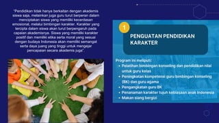 “Pendidikan tidak hanya berkaitan dengan akademis
siswa saja, melainkan juga guru turut berperan dalam
menciptakan siswa yang memiliki kecerdasan
emosional, melalui bimbingan karakter. Karakter yang
tercipta dalam siswa akan turut berpengaruh pada
capaian akademisnya. Siswa yang memiliki karakter
positif dan memiliki etika serta moral yang sesuai
dengan budaya Indonesia akan memiliki semangat
serta daya juang yang tinggi untuk mengejar
pencapaian secara akademis juga”.
 