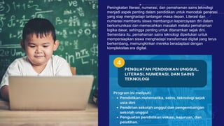Peningkatan literasi, numerasi, dan pemahaman sains teknologi
menjadi aspek penting dalam pendidikan untuk mencetak generasi
yang siap menghadapi tantangan masa depan. Literasi dan
numerasi membantu siswa membangun kepercayaan diri dalam
berkomunikasi dan memecahkan masalah melalui pemahaman
logika dasar, sehingga penting untuk ditanamkan sejak dini.
Sementara itu, pemahaman sains teknologi diperlukan untuk
mempersiapkan siswa menghadapi transformasi digital yang terus
berkembang, memungkinkan mereka beradaptasi dengan
kompleksitas era digital.
 