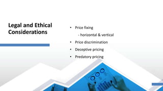 Legal and Ethical
Considerations
• Price fixing
- horizontal & vertical
• Price discrimination
• Deceptive pricing
• Predatory pricing
 
