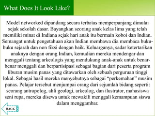 What Does It Look Like?
Model networked dipandang secara terbatas memperpanjang dimulai
sejak sekolah dasar. Bayangkan seorang anak kelas lima yang telah
memiliki minat di Indiana sejak hari anak itu bermain koboi dan Indian.
Semangat untuk pengetahuan akan Indian membawa dia membaca buku-
buku sejarah dan non fiksi dengan baik. Keluarganya, sadar ketertarikan
anaknya dengan orang Indian, kemudian mereka mendengar dan
menggali tentang arkeologis yang mendukung anak-anak untuk benar-
benar menggali dan berpartisipasi sebagai bagian dari peserta program
liburan musim panas yang ditawarkan oleh sebuah perguruan tinggi
lokal. Sebagai hasil mereka menyebutnya sebagai “perkemahan” musim
panas. Pelajar tersebut menjumpai orang dari sejumlah bidang seperti:
seorang antropolog, ahli geologi, arkeolog, dan ilustrator, mahasiswa
seni rupa, mereka disewa untuk mewakili menggali kemampuan siswa
dalam menggambar.
BACK
 