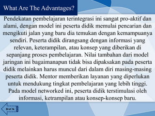 What Are The Advantages?
Pendekatan pembelajaran terintegrasi ini sangat pro-aktif dan
alami, dengan model ini peserta didik memulai pencarian dan
mengikuti jalan yang baru dia temukan dengan kemampuanya
sendiri. Peserta didik dirangsang dengan informasi yang
relevan, keterampilan, atau konsep yang diberikan di
sepanjang proses pembelajaran. Nilai tambahan dari model
jaringan ini bagaimanapun tidak bisa dipaksakan pada peserta
didik melainkan harus muncul dari dalam diri masing-masing
peserta didik. Mentor memberikan layanan yang diperlukan
untuk mendukung tingkat pembelajaran yang lebih tinggi.
Pada model networked ini, peserta didik terstimulasi oleh
informasi, ketrampilan atau konsep-konsep baru.
BACK
 
