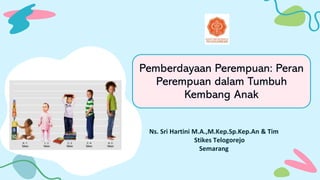Pemberdayaan Perempuan: Peran
Perempuan dalam Tumbuh
Kembang Anak
Ns. Sri Hartini M.A.,M.Kep.Sp.Kep.An & Tim
Stikes Telogorejo
Semarang
 