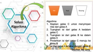 Solusi
Algoritma
Teacher, Bu sany
Kopi
Teh Kosong
Algortima
1. Siapkan gelas C untuk menyimpan
nilai dari gelas A
2. Tuangkan isi dari gelas A kedalam
gelas C
3. Tuangkan isi dari gelas B ke dalam
gelas A
4. Pindahkan isi dari gelas C menuju ke
gelas B
5. Isi dari gelas A tertukar dengan gelas B
 