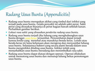 Radang Usus Buntu (Appendicitis) 
 Radang usus buntu merupakan akibat yang timbul dari infeksi yang 
terjadi pada usus buntu. Gejala penyakit ini adalah sakit perut. Sakit 
perut yang dirasakan biasanya di perut bagian bawah sebelah kanan. 
Perhatikan gambar berikut. 
 Lokasi rasa sakit yang dirasakan penderita radang usus buntu. 
 Radang usus buntu terjadi jika lubang yang menghubungkan usus 
buntu dengan usus besar tersumbat. Penyumbatan dapat terjadi 
karena lendir yang menebal atau masuknya benda keras. Lendir atau 
benda keras ini lama kelamaan akan mengeras dan menyumbat lubang 
usus buntu. Selanjutnya bakteri yang secara alami berada dalam usus 
buntu menginfeksi dinding usus buntu. Infeksi inilah yang 
menyebabkan usus buntu meradang dan menimbulkan rasa sakit. 
 Radang usus buntu dapat diatasi dengan operasi. Operasi dilakukan 
untuk memotong usus buntu dan menutup lubang bekas pemotongan 
usus buntu. 
 