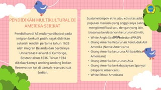 Suatu kelompok etnis atau etnisitas adalah
populasi manusia yang anggotanya saling
mengidentifikasi satu dengan yang lain,
biasanya berdasarkan keturunan (Smith,
1987)
Pendidikan di AS mulanya dibatasi pada
imigran berkulit putih, sejak didirikan
sekolah rendah pertama tahun 1633
oleh imigran Belanda dan berdirinya
Universitas Harvard di Cambrige,
Boston tahun 1636. Tahun 1934
dikeluarkannya undang-undang Indian
Reservation Act di daerah reservasi suk
Indian.
PENDIDIKAN MULTIKULTURAL DI
AMERIKA SERIKAT
• White Anglo Saxon Protestan (WASP)
• Orang Amerika Keturunan Penduduk Asli
Amerika (Native Americans)
• Orang Amerika keturuna Afrika (Africa
Americans)
• Orang Amerika keturunan Asia
• Orang Amerika berkebudayaan Spanyol
(Hispanic Americans)
• White Ethnic Americans
 