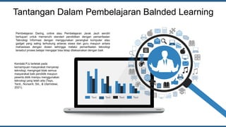Tantangan Dalam Pembelajaran Balnded Learning
Text
Text
Text
Text
Pembelajaran Daring, online atau Pembelajaran Jarak Jauh sendiri
bertujuan untuk memenuhi standart pendidikan dengan pemanfaatan
Teknologi Informasi dengan menggunakan perangkat komputer atau
gadget yang saling terhubung antaras siswa dan guru maupun antara
mahasiswa dengan dosen sehingga melalui pemanfaatan teknologi
tersebut proses belajar mengajar bisa tetap dilaksanakan dengan baik
Kendala PJJ terletak pada
kemampuan masyarakat menyerap
teknologi, mengingat tidak semua
masyarakat baik pendidik maupun
peserta didik mampu menggunakan
teknologi yang telah ada (Tayo,
Yanti., Nursanti, Siti., & Utamidewi,
2021).
 