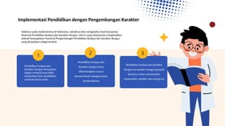 1 3
2
Implementasi Pendidikan dengan Pengembangan Karakter
Sebelum pada implementasi di Indonesia, sebaiknya kita mengetahui hasil Sarasehan
Nasional Pendidikan Budaya dan Karakter Bangsa. Hal ini yang selanjutnya menghasilkan
sebuah Kesepakatan Nasional Pengembangan Pendidikan Budaya dan Karakter Bangsa
yang dinyatakan sebgai berikut:
Pendidikan budaya dan karakter
bangsa merupakan tanggung jawab
bersama antara pemerintah,
masyarakat, sekolah, dan orang tua
Pendidikan budaya dan
karakter bangsa merupakan
bagian integral yang tidak
terpisahkan dari pendidikan
nasional secara utuh.
Pendidikan budaya dan
karakter bangsa harus
dikembangkan secara
komperhensif sebagai proses
pembudayaan
 