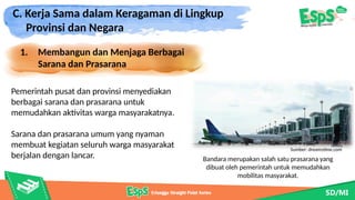 C. Kerja Sama dalam Keragaman di Lingkup
Provinsi dan Negara
1. Membangun dan Menjaga Berbagai
Sarana dan Prasarana
Bandara merupakan salah satu prasarana yang
dibuat oleh pemerintah untuk memudahkan
mobilitas masyarakat.
Pemerintah pusat dan provinsi menyediakan
berbagai sarana dan prasarana untuk
memudahkan aktivitas warga masyarakatnya.
Sarana dan prasarana umum yang nyaman
membuat kegiatan seluruh warga masyarakat
berjalan dengan lancar.
Sumber: dreamstime.com
 