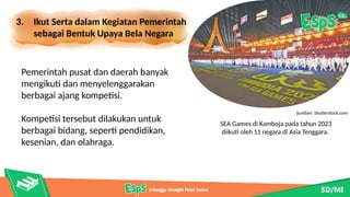 3. Ikut Serta dalam Kegiatan Pemerintah
sebagai Bentuk Upaya Bela Negara
SEA Games di Kamboja pada tahun 2023
diikuti oleh 11 negara di Asia Tenggara.
Pemerintah pusat dan daerah banyak
mengikuti dan menyelenggarakan
berbagai ajang kompetisi.
Kompetisi tersebut dilakukan untuk
berbagai bidang, seperti pendidikan,
kesenian, dan olahraga.
Sumber: shutterstock.com
 