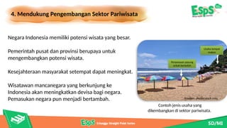 4. Mendukung Pengembangan Sektor Pariwisata
Contoh jenis usaha yang
dikembangkan di sektor pariwisata.
Negara Indonesia memiliki potensi wisata yang besar.
Pemerintah pusat dan provinsi berupaya untuk
mengembangkan potensi wisata.
Kesejahteraan masyarakat setempat dapat meningkat.
Wisatawan mancanegara yang berkunjung ke
Indonesia akan meningkatkan devisa bagi negara.
Pemasukan negara pun menjadi bertambah. Sumber: shutterstock.com
Penyewaan payung
untuk berteduh
Usaha tempat
makan
 