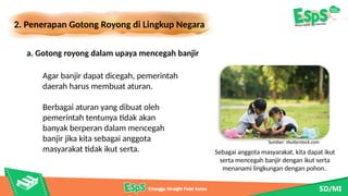 2. Penerapan Gotong Royong di Lingkup Negara
Sebagai anggota masyarakat, kita dapat ikut
serta mencegah banjir dengan ikut serta
menanami lingkungan dengan pohon.
Sumber: shutterstock.com
a. Gotong royong dalam upaya mencegah banjir
Agar banjir dapat dicegah, pemerintah
daerah harus membuat aturan.
Berbagai aturan yang dibuat oleh
pemerintah tentunya tidak akan
banyak berperan dalam mencegah
banjir jika kita sebagai anggota
masyarakat tidak ikut serta.
 