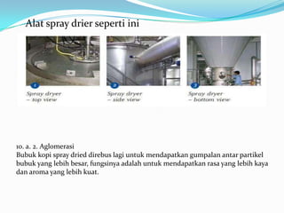 Alat spray drier seperti ini




10. a. 2. Aglomerasi
Bubuk kopi spray dried direbus lagi untuk mendapatkan gumpalan antar partikel
bubuk yang lebih besar, fungsinya adalah untuk mendapatkan rasa yang lebih kaya
dan aroma yang lebih kuat.
 