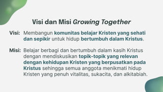 Visi dan Misi Growing Together
Membangun komunitas belajar Kristen yang sehati
dan sepikir untuk hidup bertumbuh dalam Kristus.
Belajar berbagi dan bertumbuh dalam kasih Kristus
dengan mendiskusikan topik-topik yang relevan
dengan kehidupan Kristen yang berpusatkan pada
Kristus sehingga semua anggota menikmati hidup
Kristen yang penuh vitalitas, sukacita, dan alkitabiah.
Visi:
Misi:
 