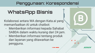WhatsApp Bisnis
Penggunaan: Korespondensi
Kolaborasi antara WA dengan Kata.ai yang
memanfaatkan AI untuk chatbot:
- Memberikan informasi kepada Sahabat
SABDA dalam waktu kurang dari 24 jam.
- Memberikan informasi tentang produk
dan layanan yang ditawarkan ke
pengguna.
 