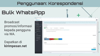 Bulk WhatsApp
Penggunaan: Korespondensi
Broadcast
promosi/informasi
kepada pengguna
via WA.
Dapatkan di
kirimpesan.net
 